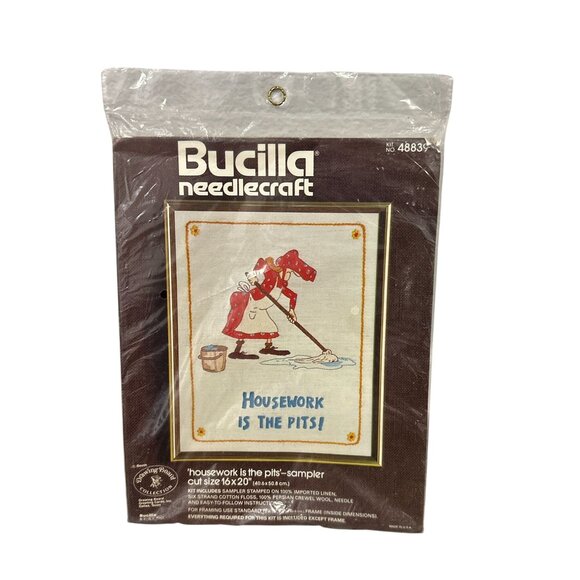 Vtg 70s Bucilla Needlepoint Embroidery Kit Housework is the Pits! 48839 New - Picture 1 of 5